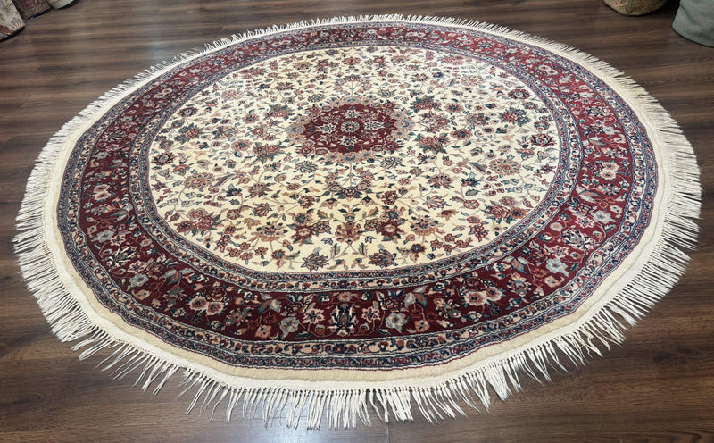 Round Sino Persian Rug 8x8, Wool and Silk, Floral Medallion, Ivory Dark Red by Jewel Rugs