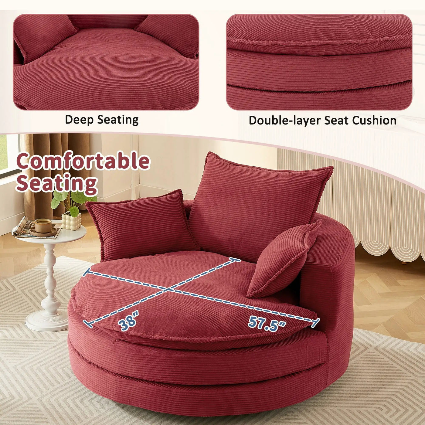 360° Swivel Accent Barrel Chair With Dual Layer Cushion And 3 Removable Pillows by Unique Piece Furniture