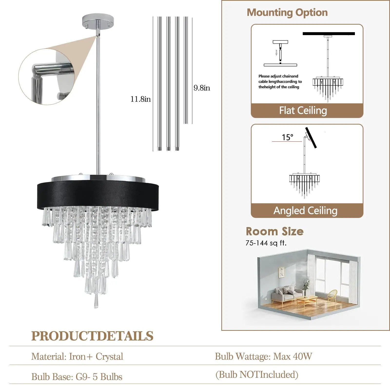 18-inch Modern Crystal Chandelier with Black Velvet Shade by HouseOfZazla