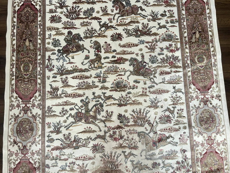 Turkish Silk Rug 5x8, Ivory, Hunting Design, Animal Pictorials, Bamboo Silk by Jewel Rugs