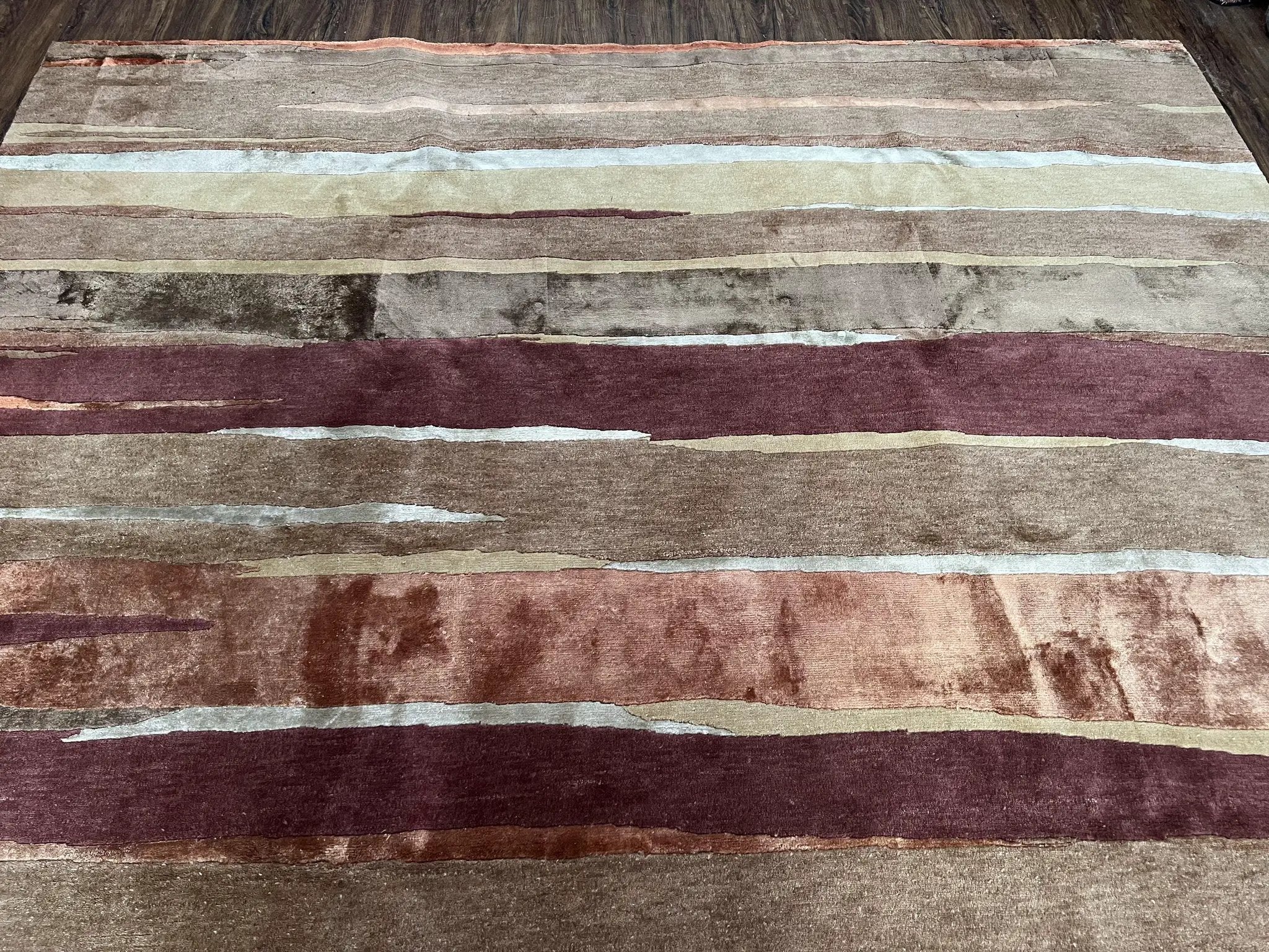 Modern Tibetan Rug 8x11 Nepali Carpet, Shiny Velvely Soft Wool and Silk, Contemporary Hand Knotted Rug, Striped Design, Wool Area Rug 8 x 11 by Jewel Rugs