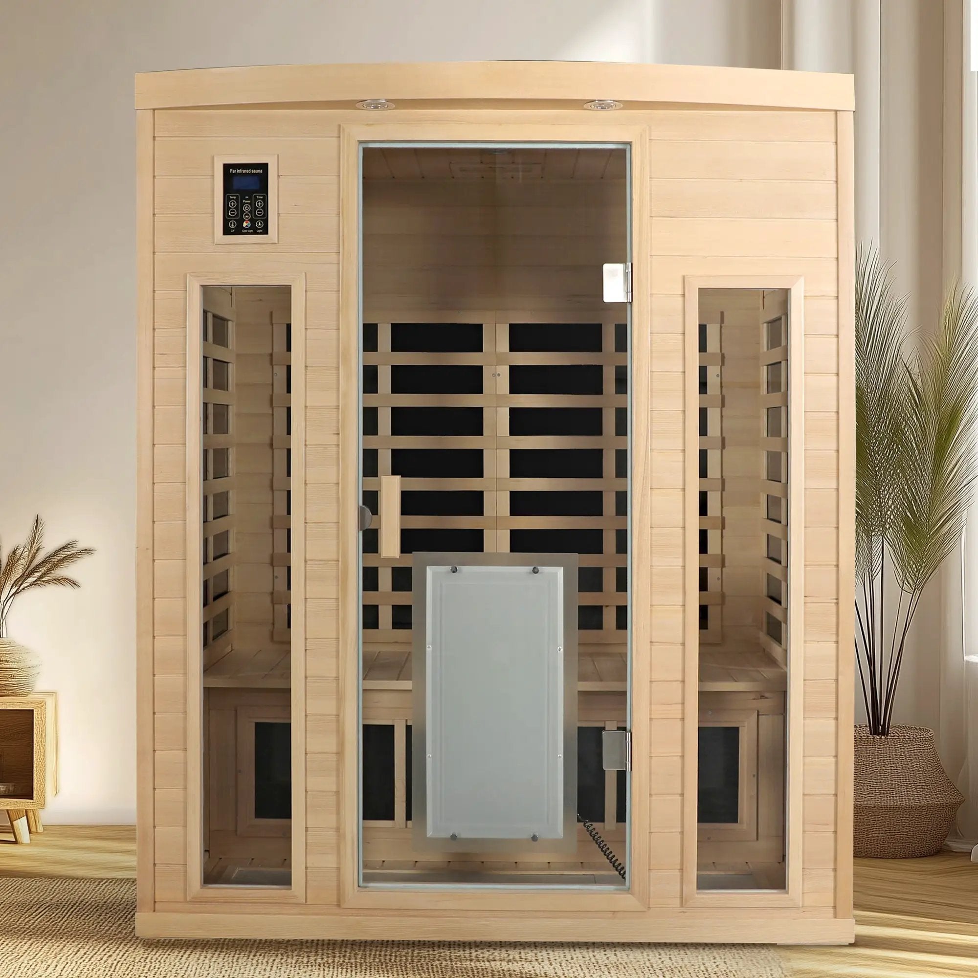 Low EMF, There is also a heating plate on the glass door, Hemlock wood Far-infrared indoor Three person sauna room by HouseOfZazla