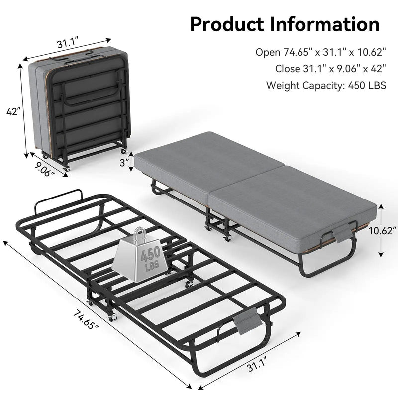 Portable Folding Bed With Memory Foam Mattress, Lockable - Gray by HouseOfZazla