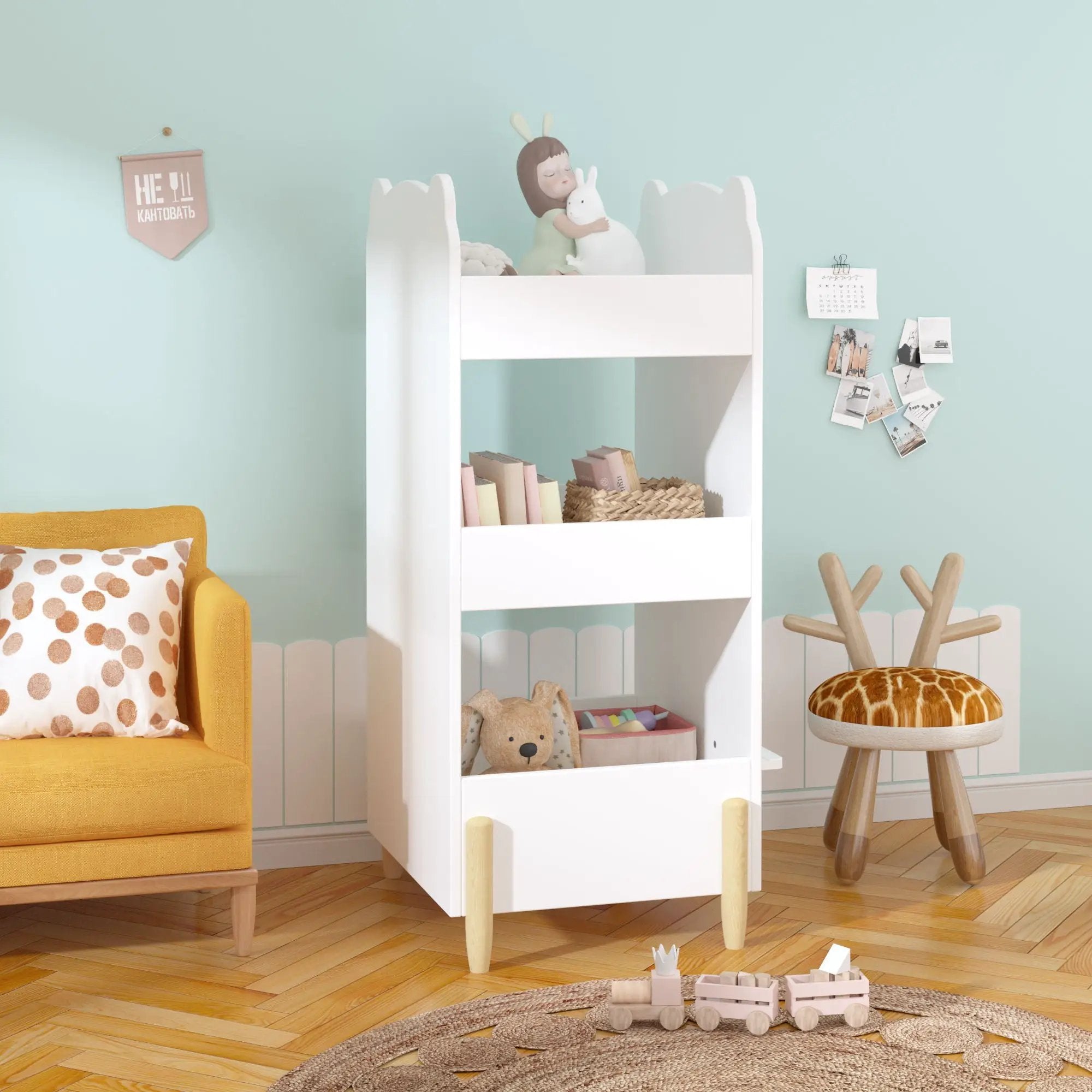 Bear Shaped Bookshelf With Chalkboard Side, 3 Tier Storage Organizer For Playroom - White by Unique Piece Furniture