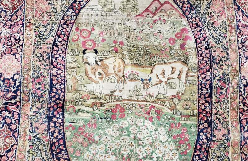 Antique Persian Kerman Lavar Rug 4.4 x 7.5, Highly Collectible Rare, 1880s Rug, Millefleurs, Cows, Wool Hand Knotted, Pictorial by Jewel Rugs