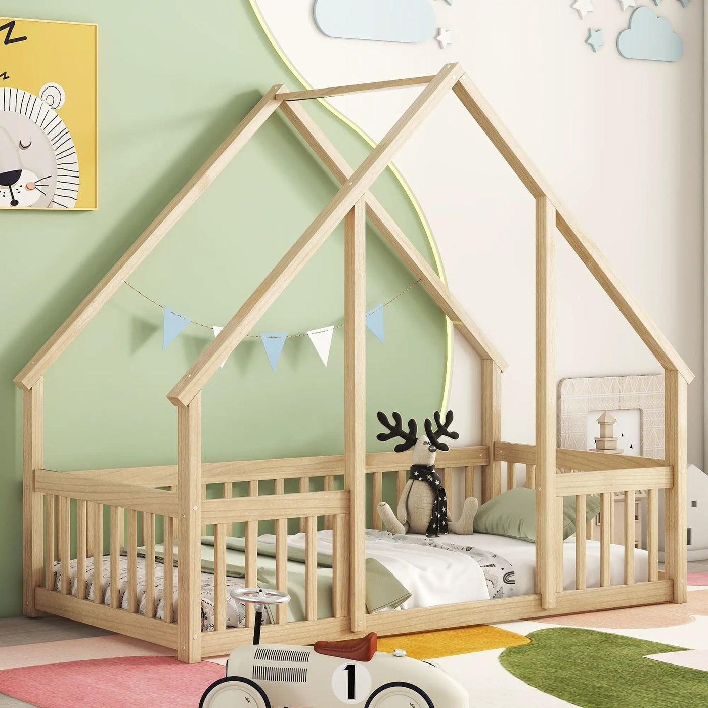 Wood House-Shaped Floor Bed With Fence, Guardrails by Unique Piece Furniture