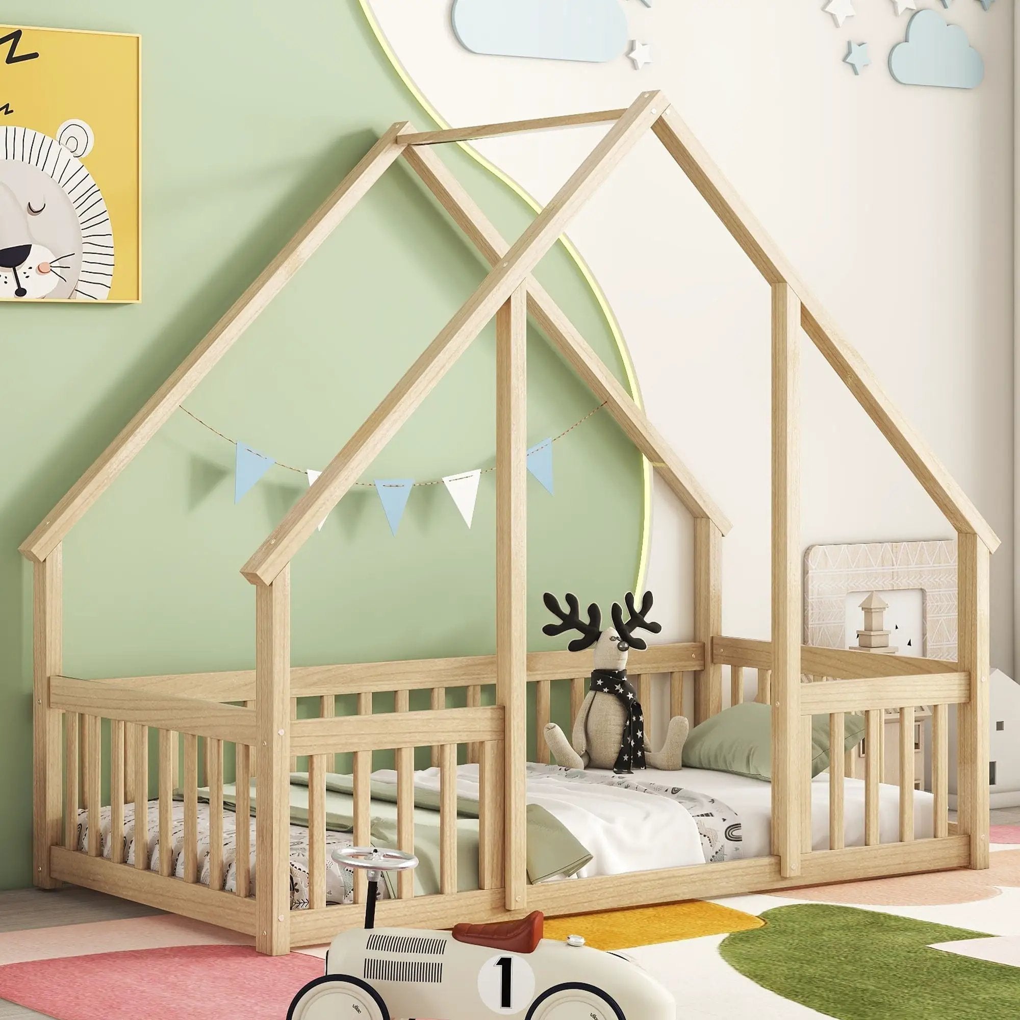 Wood House-Shaped Floor Bed With Fence, Guardrails by Unique Piece Furniture