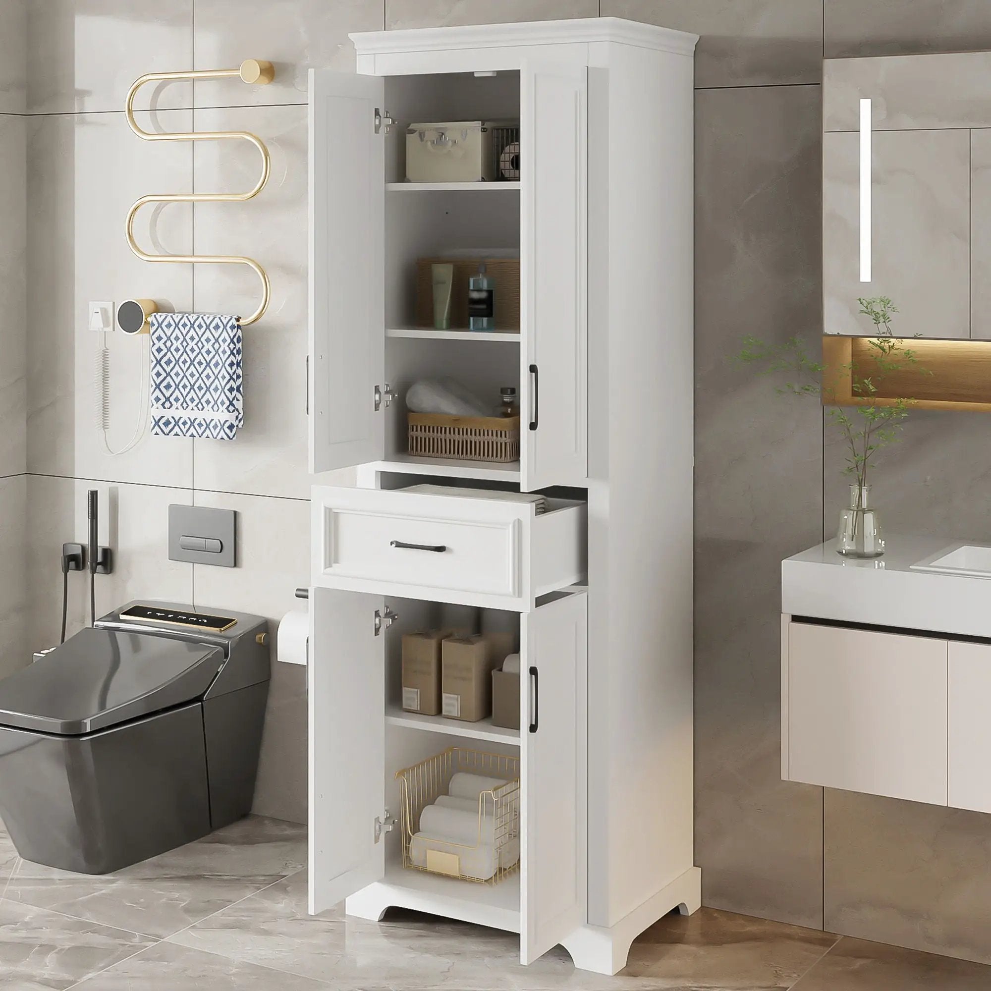 Freestanding Bathroom Vanity, Elegant Design With 4 Doors & 1 Drawer, Adjustable Shelves, Damping Hinges - White by Unique Piece Furniture