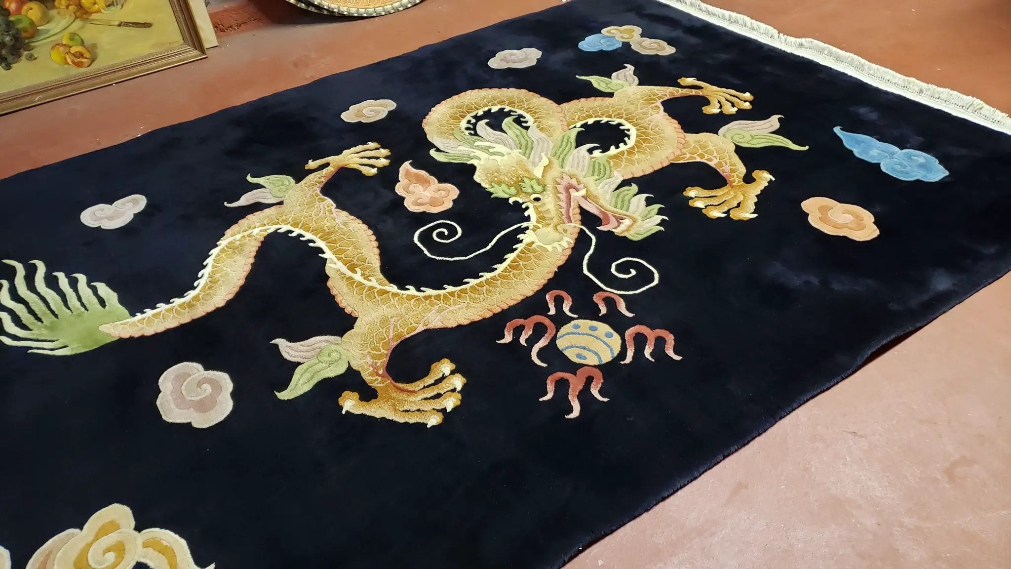 Rare Antique Chinese Art Deco Rug 6x9 with Dragon, Black Chinese Carpet 6 x 9, Hand Knotted Wool Area Rug by Jewel Rugs