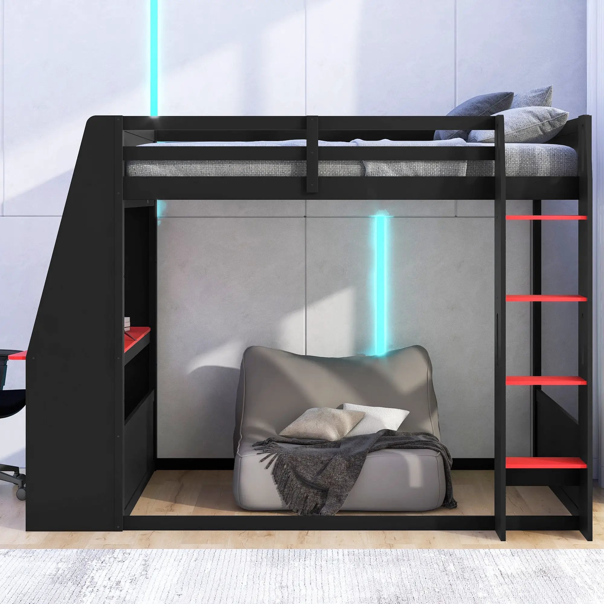 Full Size Wooden Gaming Bunk Bed with Desk, Two Storage Shelves, USB and LED Light by HouseOfZazla
