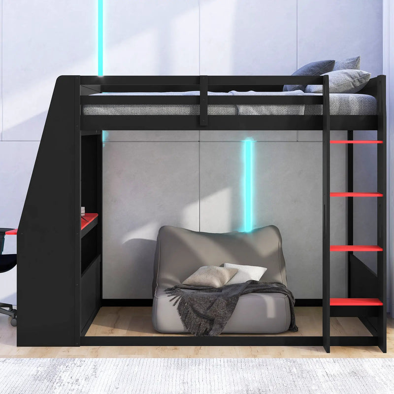 Full Size Wooden Gaming Bunk Bed with Desk, Two Storage Shelves, USB and LED Light by HouseOfZazla