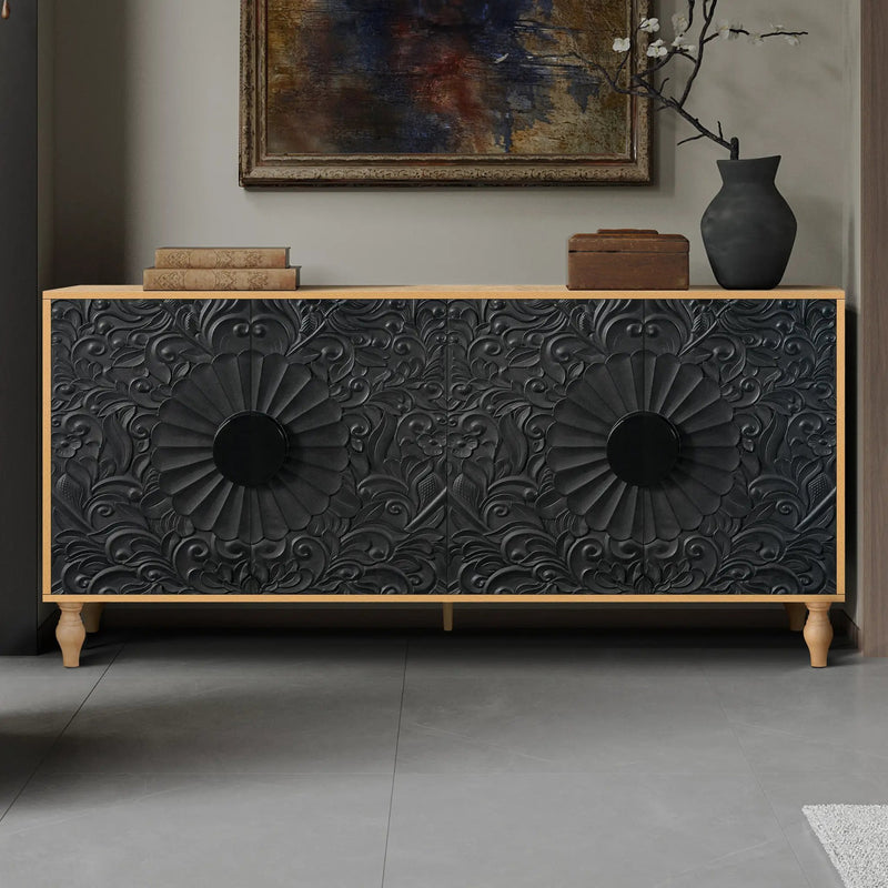 Black Carved Symmetrical Design Door And Wood Coloured Frame TV Stand by HouseOfZazla
