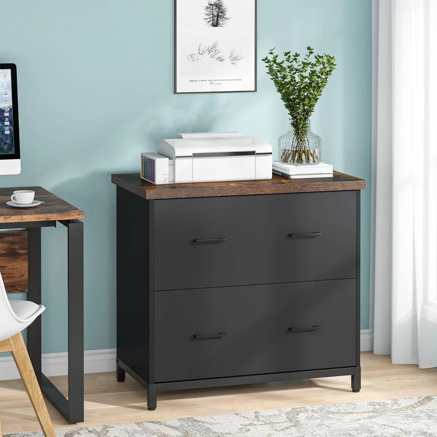 2 Drawer Lateral File Cabinet, A4 / Letter Size, Heavy Duty Storage For Home Office - Brown / Black by HouseOfZazla