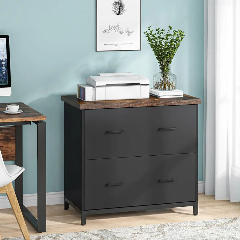 2 Drawer Lateral File Cabinet, A4 / Letter Size, Heavy Duty Storage For Home Office - Brown / Black by HouseOfZazla