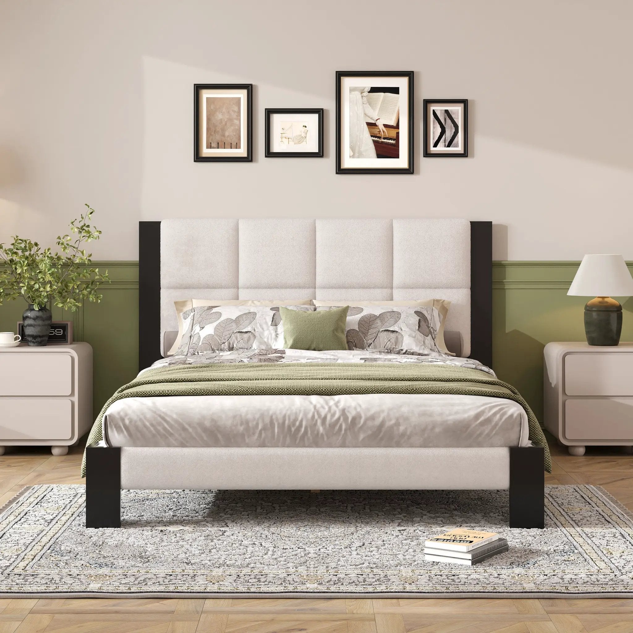 Boucle Queen Bed Frame With Square-Stitched Headboard by HouseOfZazla