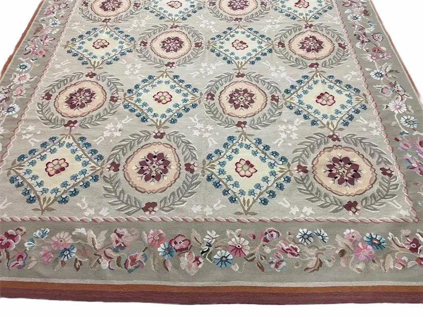 9x13 Needlepoint Carpet, French Design Rug, Hand-Knotted, Brand New Needlepoint Rug 9 x 13, English French European Style, Beige Floral by Jewel Rugs