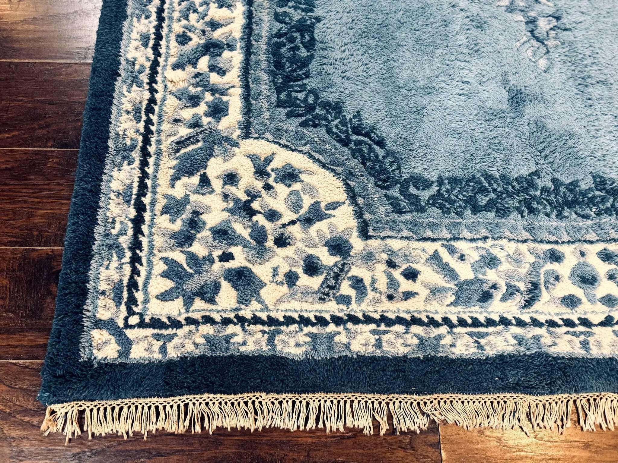 Indo Chinese Aubusson Rug 6x9, Light Blue and Ivory, Handmade Vintage Wool Carpet by Jewel Rugs