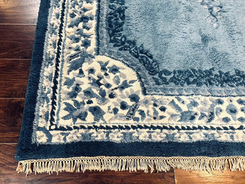 Indo Chinese Aubusson Rug 6x9, Light Blue and Ivory, Handmade Vintage Wool Carpet by Jewel Rugs
