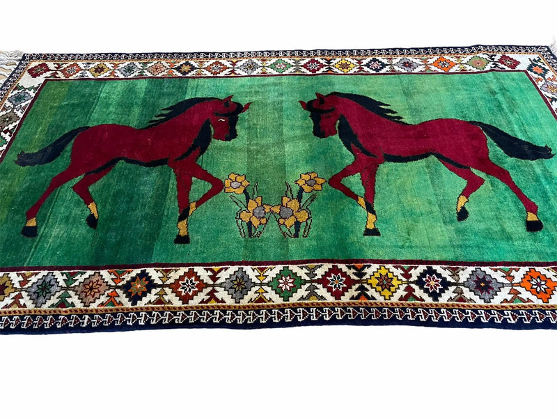 4 X 7 Handmade Rug Zagros Quality Wool Pictorial Horses Green Butterfly Colorful by Jewel Rugs