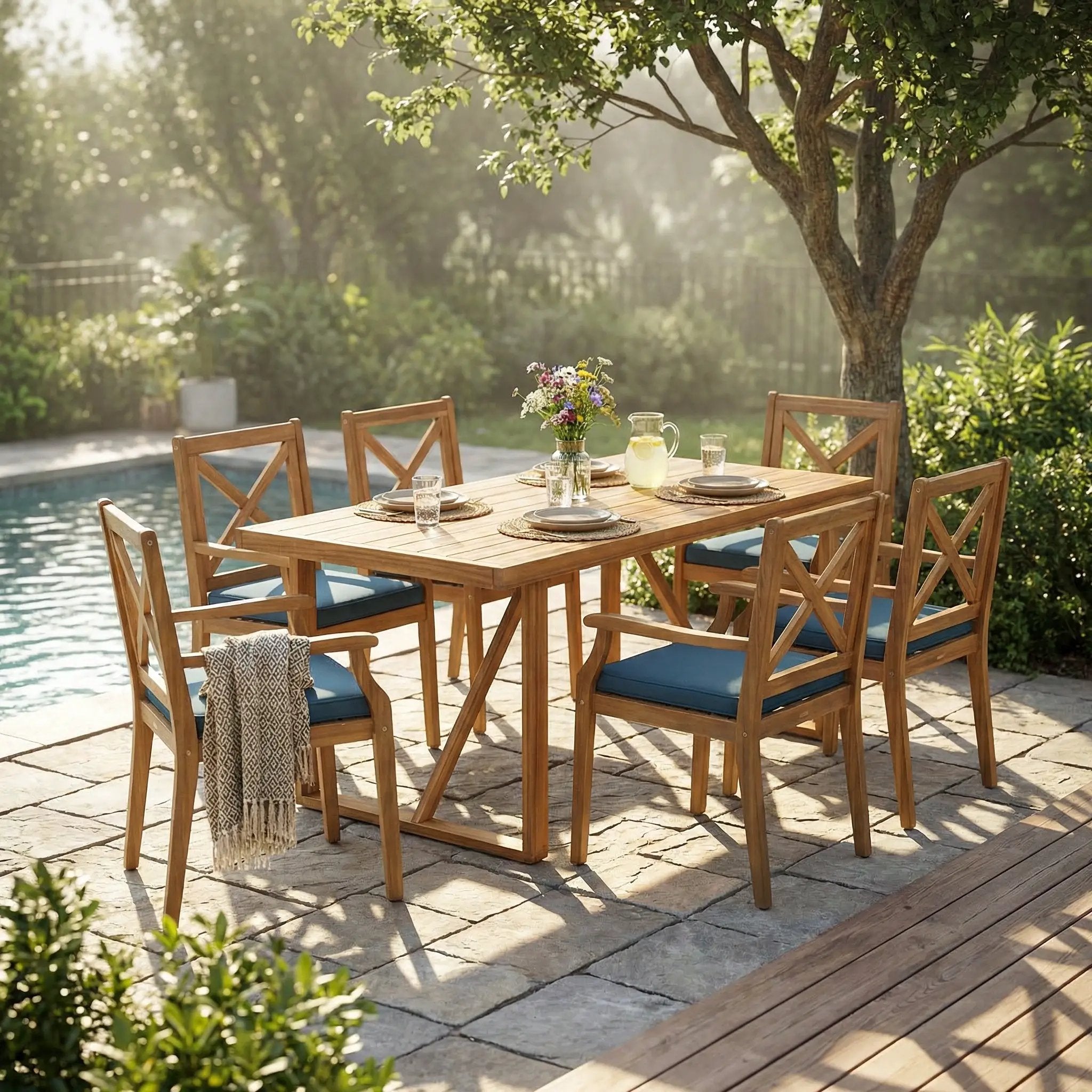 7 Pieces Acacia Wood Outdoor Dining Set with Blue Cushions by HouseOfZazla