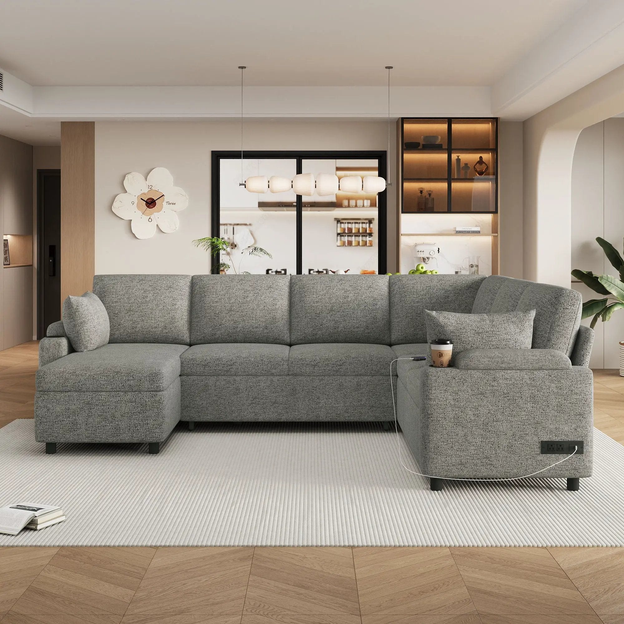 U-Shaped Sectional Sleeper Sofa With Ample Storage Space, 2 Cup Holders And Charging Ports For Living Room by HouseOfZazla