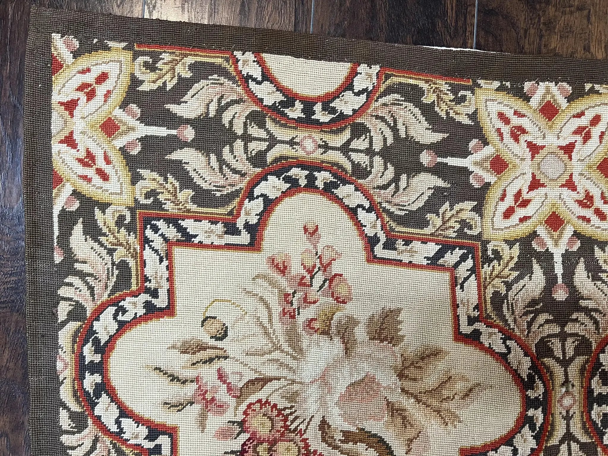 Needlepoint Runner Rug 2.8 x 9.8, Brown and Beige, Handwoven Handmade Floral French European Design, Vintage Flatweave 10ft Wool Runner Rug by Jewel Rugs