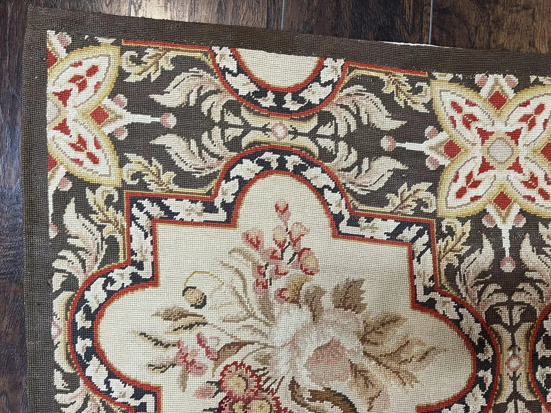 Needlepoint Runner Rug 2.8 x 9.8, Brown and Beige, Handwoven Handmade Floral French European Design, Vintage Flatweave 10ft Wool Runner Rug by Jewel Rugs