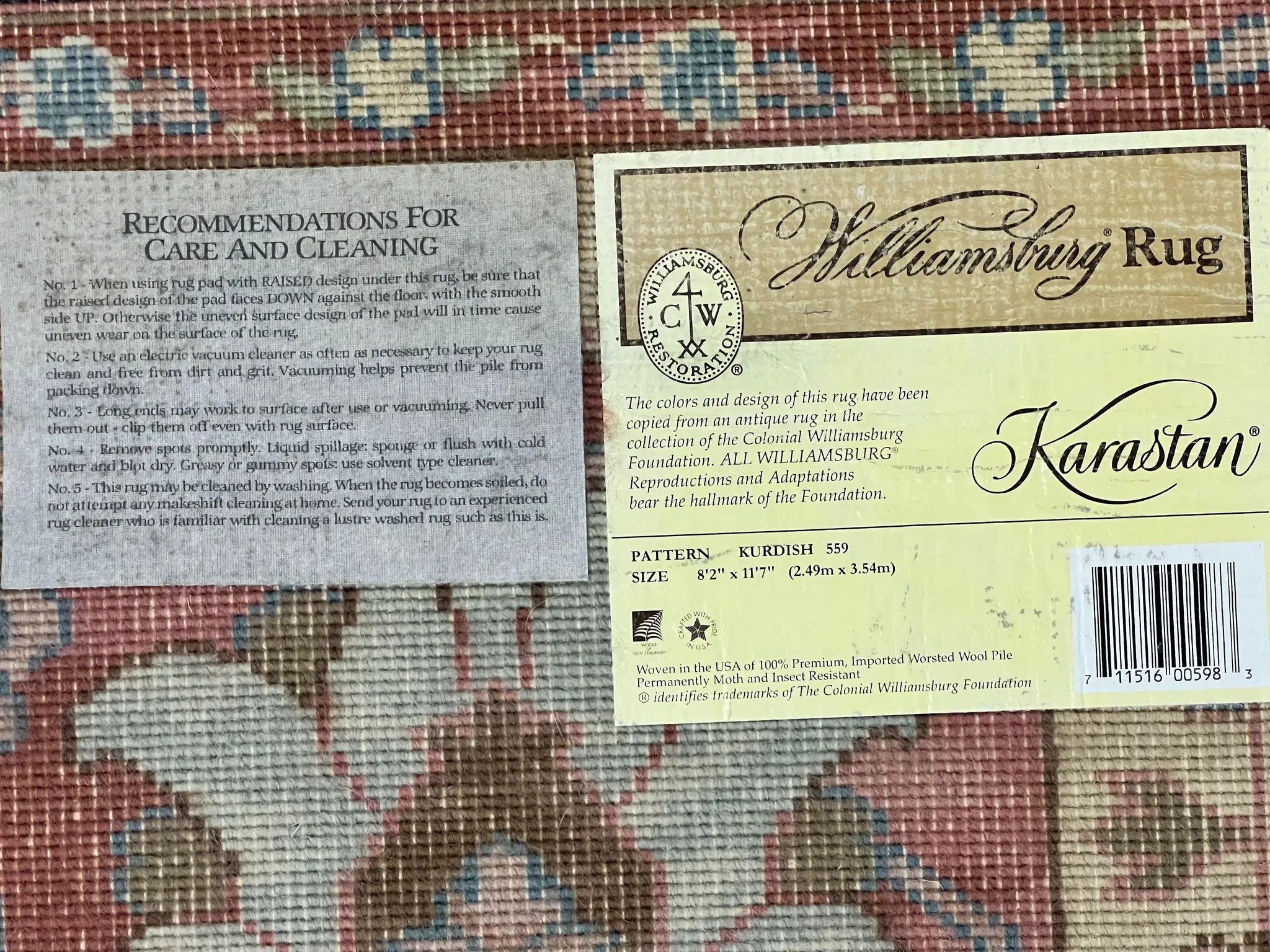 Karastan Rug 8 x 11.7, Karastan Williamsburg Kurdish Pattern 559, Wool Pile Vintage Karastan Carpet, Discontinued, Room SIzed Area Rug by Jewel Rugs