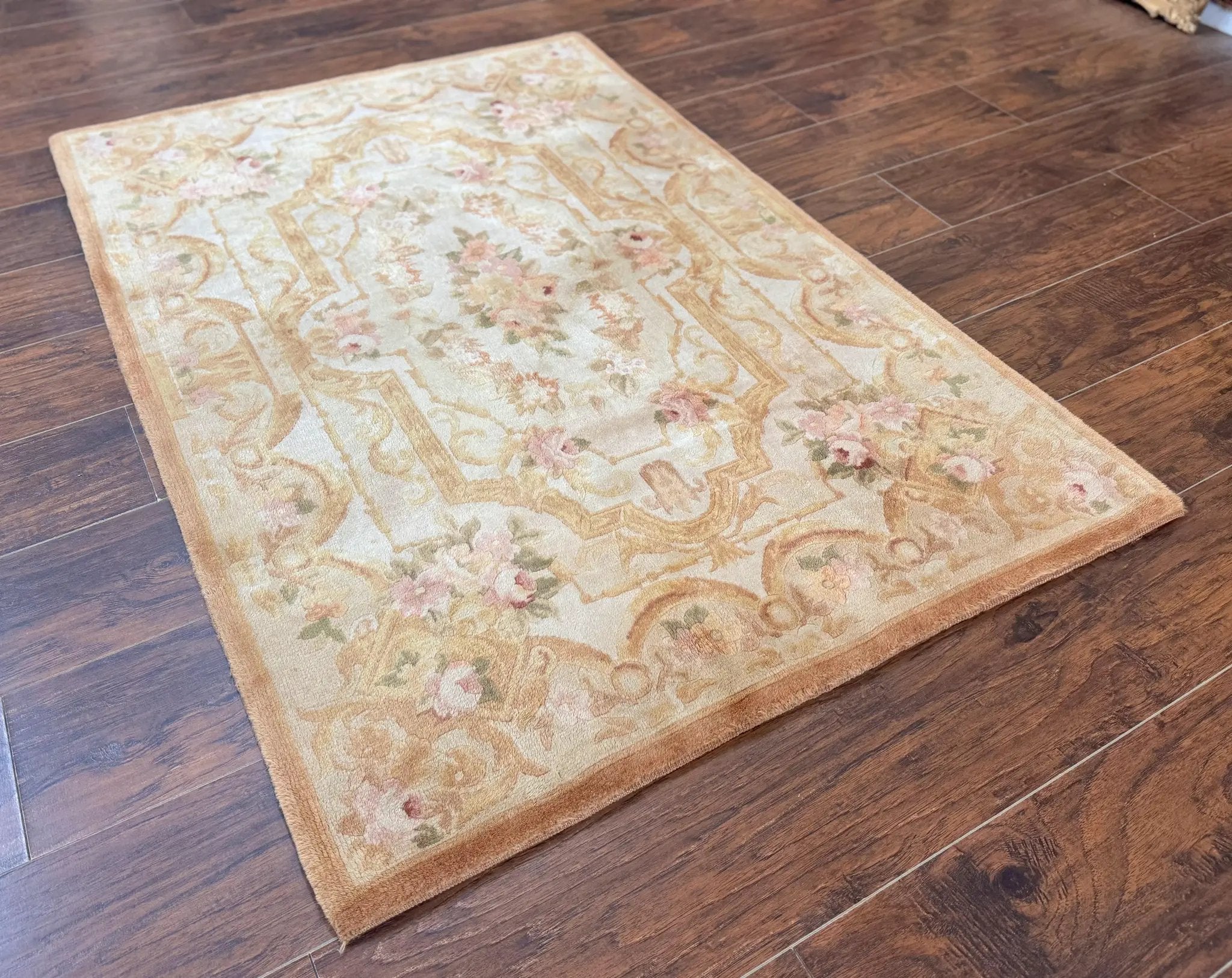 Chinese Aubusson Rug 3.6 x 5, Beige and Gold, Handmade Vintage Elegant European Design Carpet, Plush Wool, Handmade by Jewel Rugs
