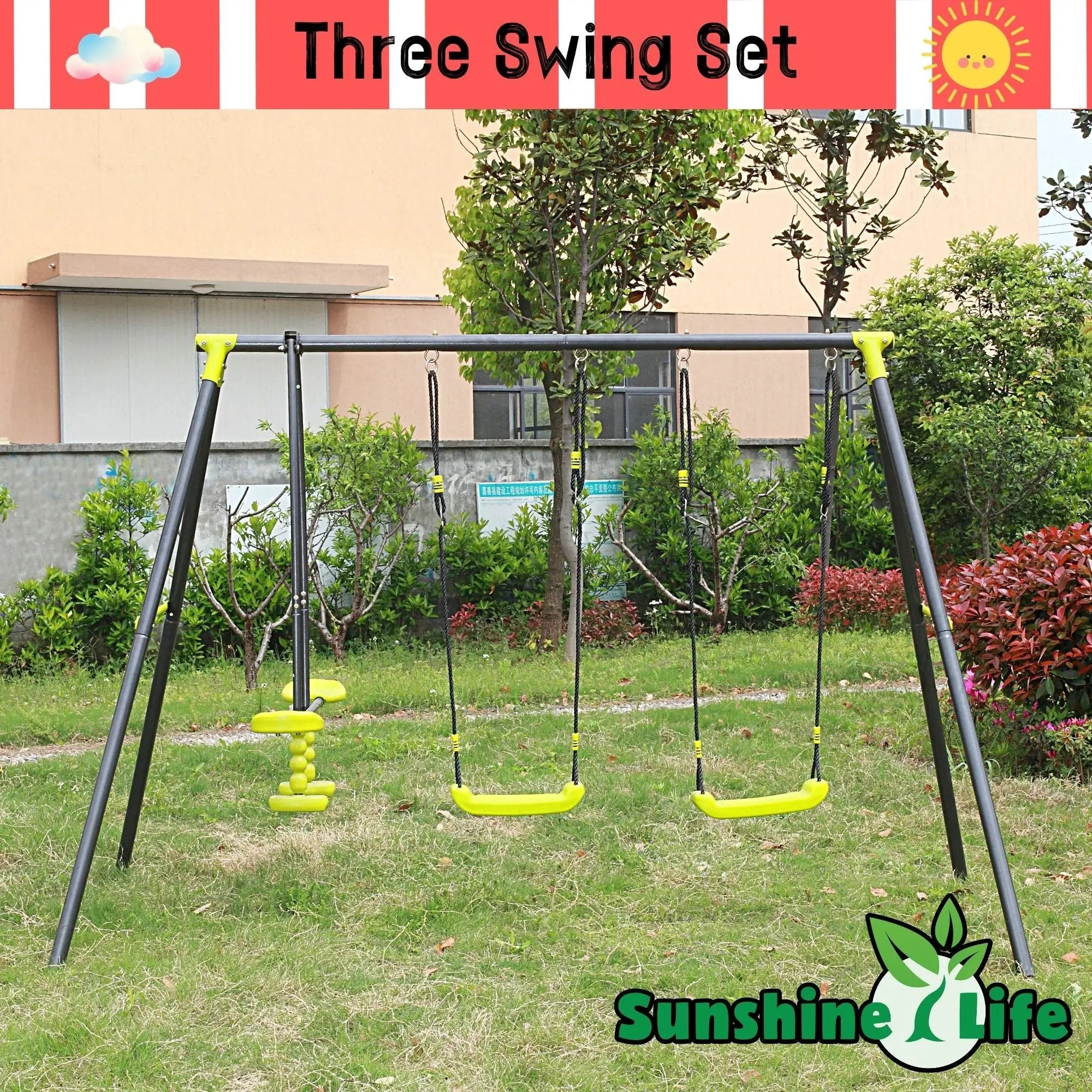 Xns008 Interesting Triple Children Metal Safe Swing Set 440Lbs For Outdoor Playground Three Seat Swing For Age 3+ - Green / Black by HouseOfZazla
