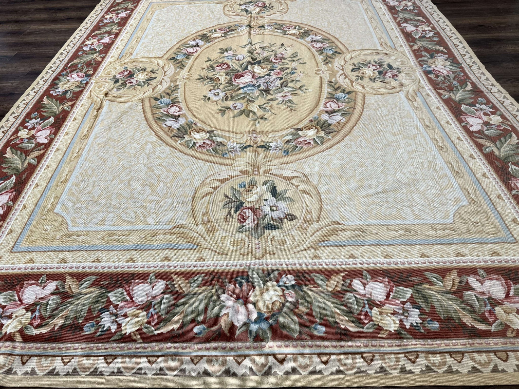Needlepoint Rug 8x10, Aubusson Savonnerie European Carpet, Floral, Elegant by Jewel Rugs