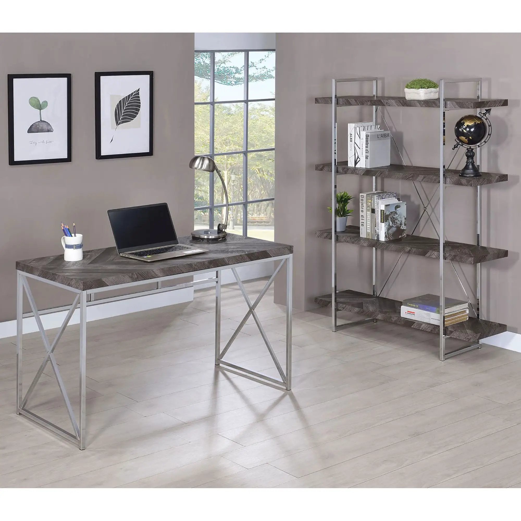 Herringbone - Bookcase With Full Length Shelf - Gray