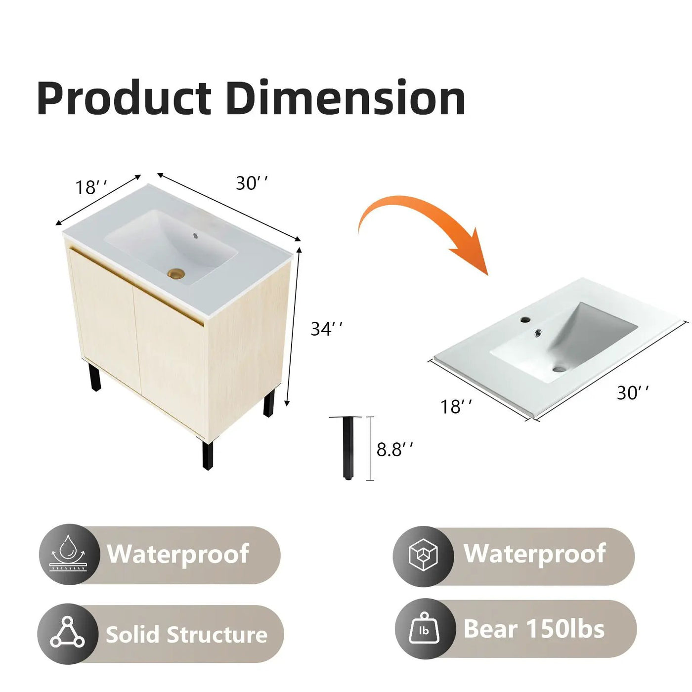 Bathroom Vanity With Ceramic Sink, Floor-Standing Design, Soft-Closing Drawers by Unique Piece Furniture