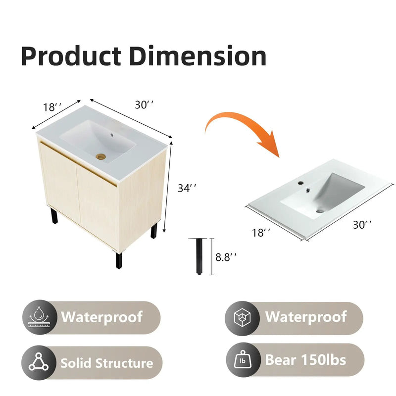 Bathroom Vanity With Ceramic Sink, Floor-Standing Design, Soft-Closing Drawers by Unique Piece Furniture