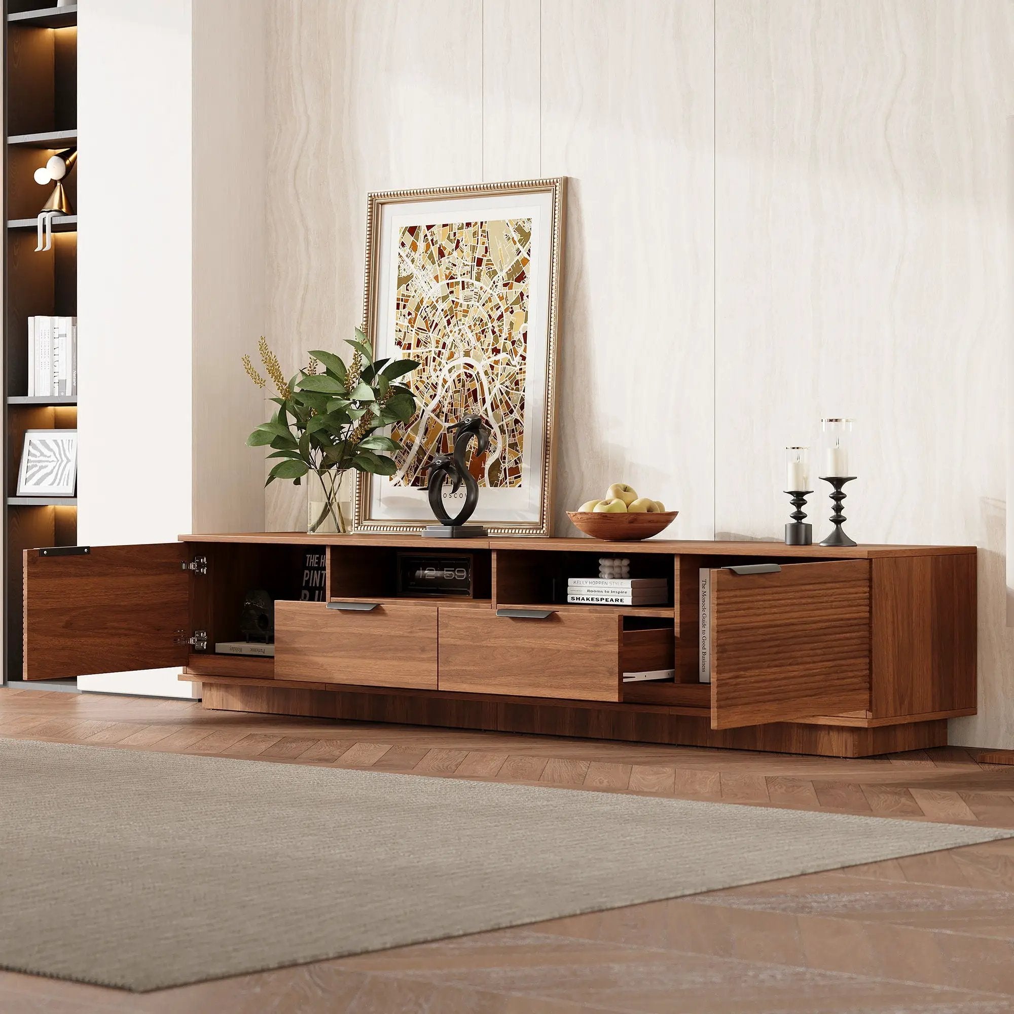 TV Stand, Entertainment Center With Deep Drawers, Cable Management & Soft Closing Hinges by Unique Piece Furniture
