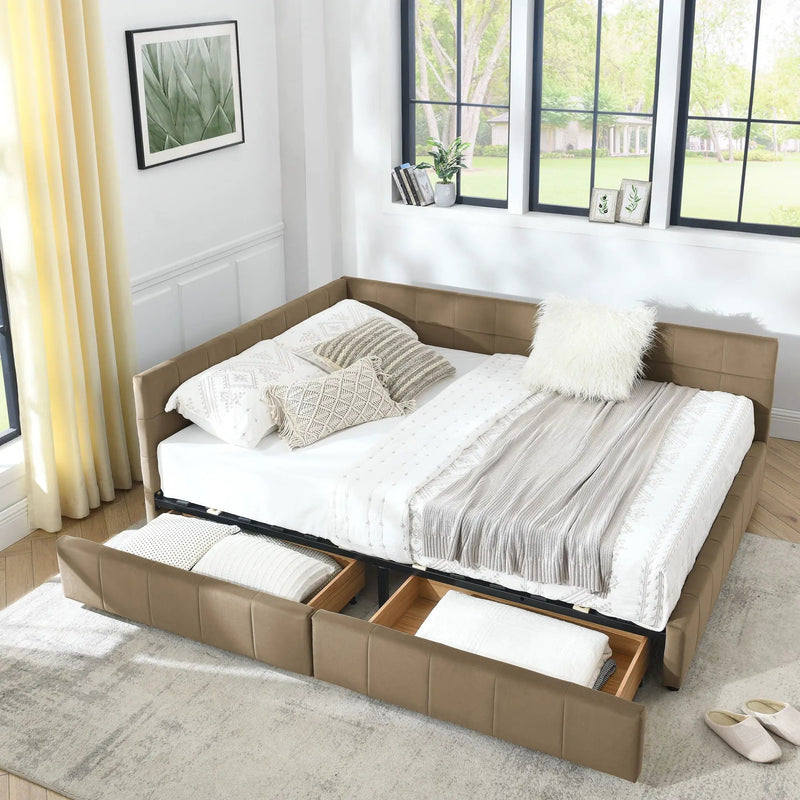 Mid-Century Storage Upholstered Tufted Bed Frame With Backrest And Armrests by Unique Piece Furniture