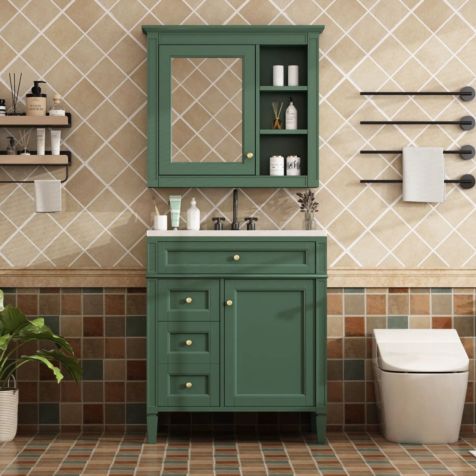 Bathroom Vanity With Medicine Cabinet, Royal Mirror Cabinet, Modern Bathroom Storage Cabinet With 2 Soft Closing Doors And 4 Drawers by HouseOfZazla