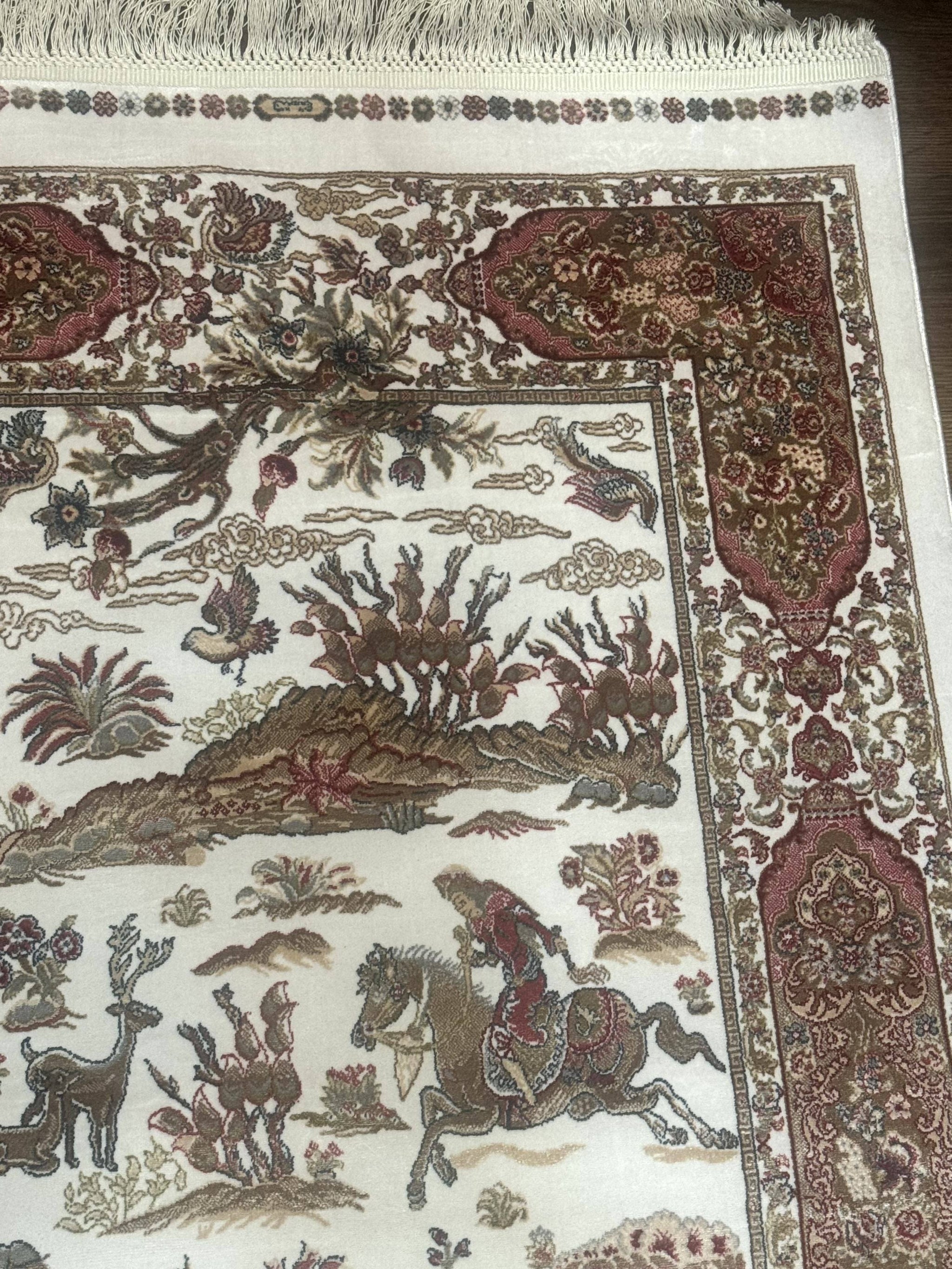 Long Turkish Silk Runner Rug 2.6 x 16.5, Hunting Design, Ivory, Bamboo Silk, New by Jewel Rugs