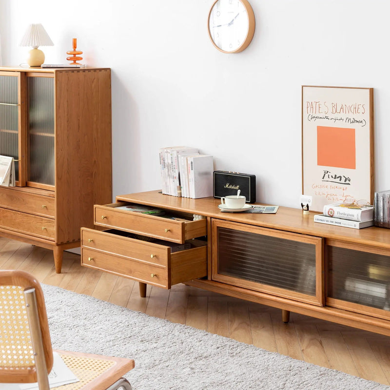 TV Cabinet With Chinese Changhong Glass Doors, Two Drawer Storage Space TV Standing - Cherry by HouseOfZazla