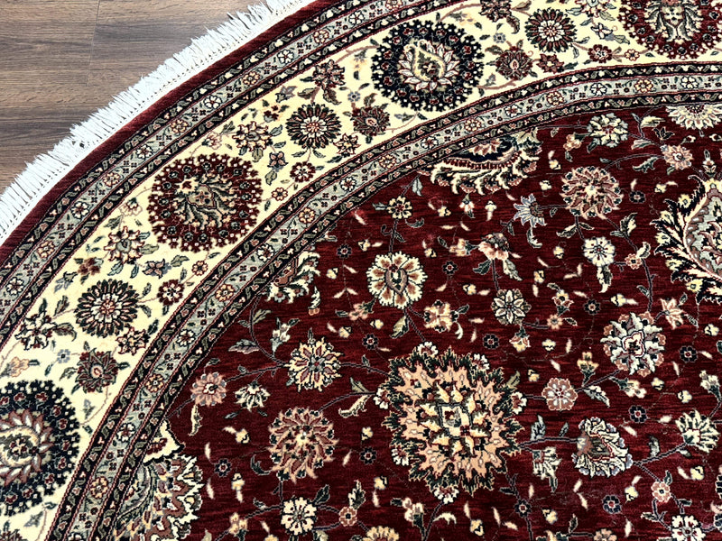 Round Sino Persian Rug 9x9, Burgundy and Cream, Floral, Wool and Silk, 9ft Round Carpet by Jewel Rugs