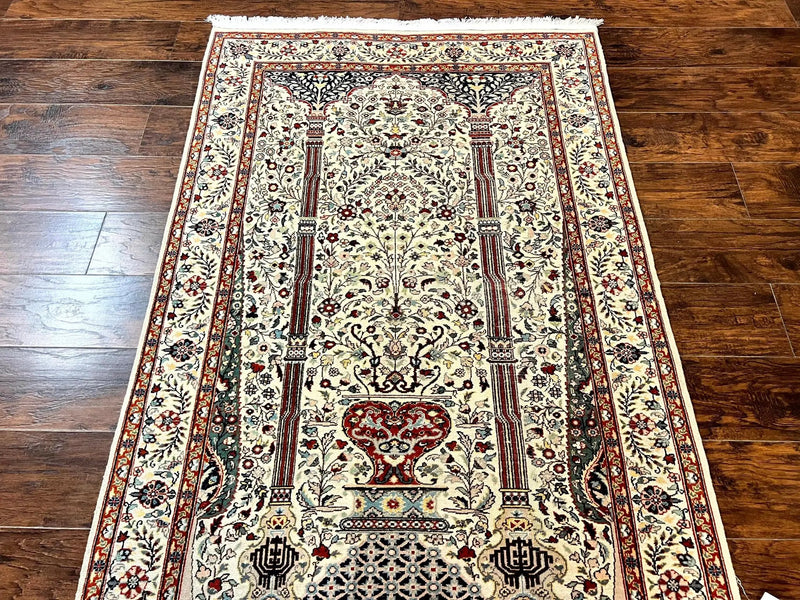 Pak Perisan Prayer Rug 4x6, Tree of LIfe Carpet, Handmade Vintage Wool Rug, Beige, Floral Vases by Jewel Rugs