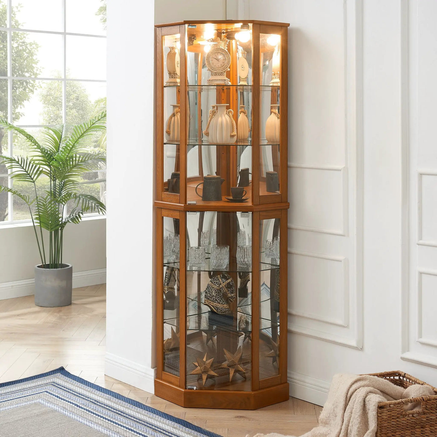 6 Shelf Corner Curio Display Cabinet With Lights, Mirrors And Adjustable Shelves (E26 Light Bulb Not Included) by Unique Piece Furniture