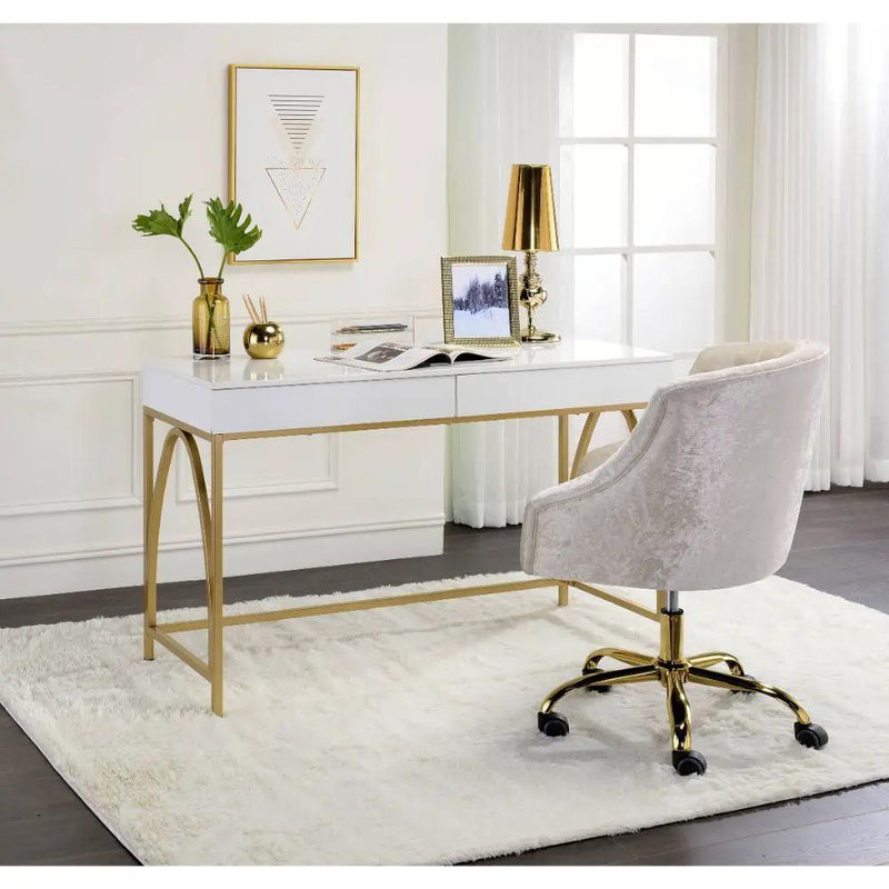 Lightmane - Writing Desk (Same Ac00900) - White High Gloss & Gold by Unique Piece Furniture