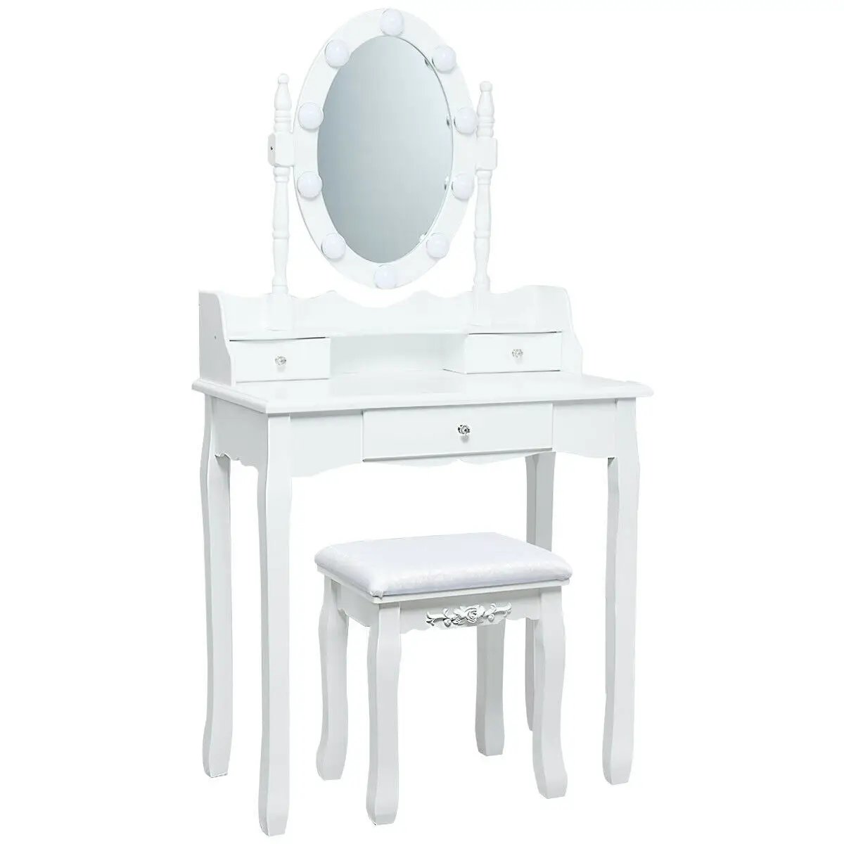 Oval Mirror Vanity Set with 10 LED Dimmable Bulbs and 3 Drawers by DirectDeals
