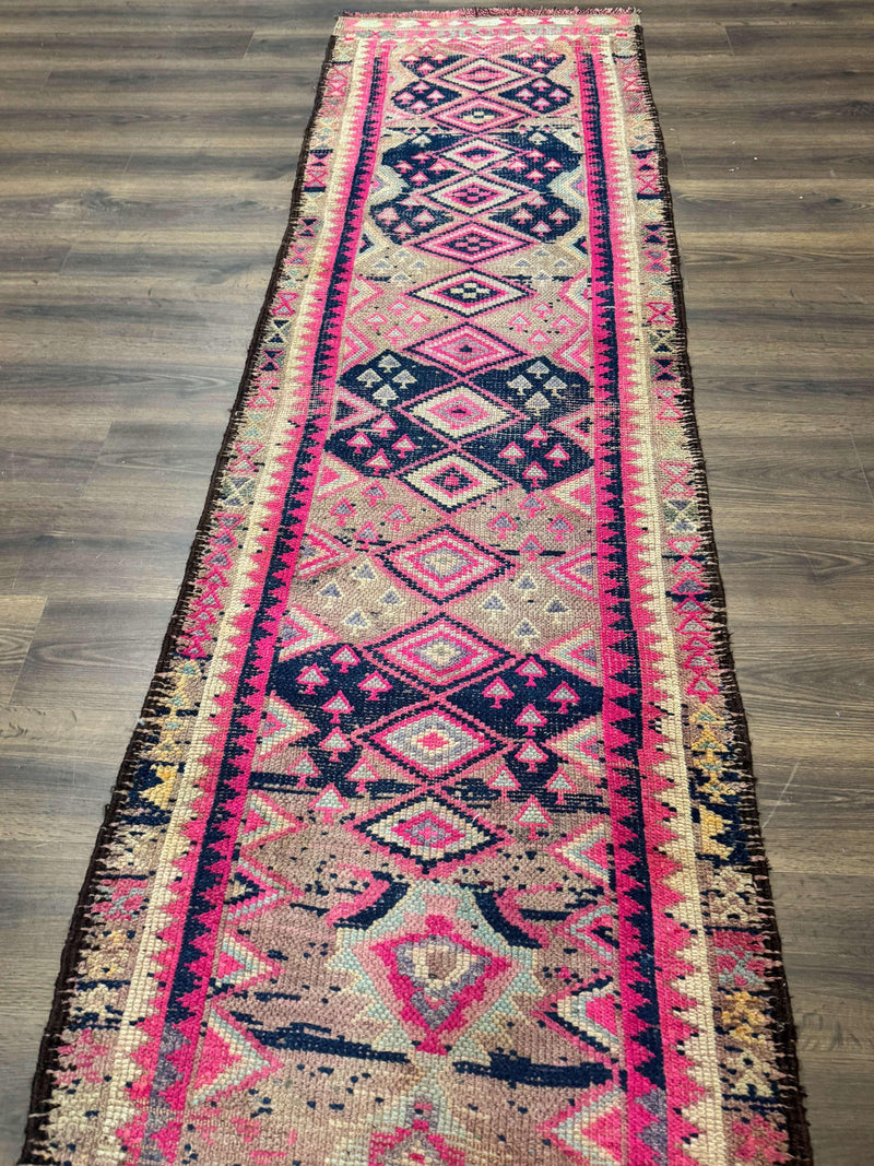 Turkish Runner Rug 3x10, Pink and Navy Blue, Bohemian Runner for Hallway or Kitchen, Vintage, Geometric, Tribal by Jewel Rugs