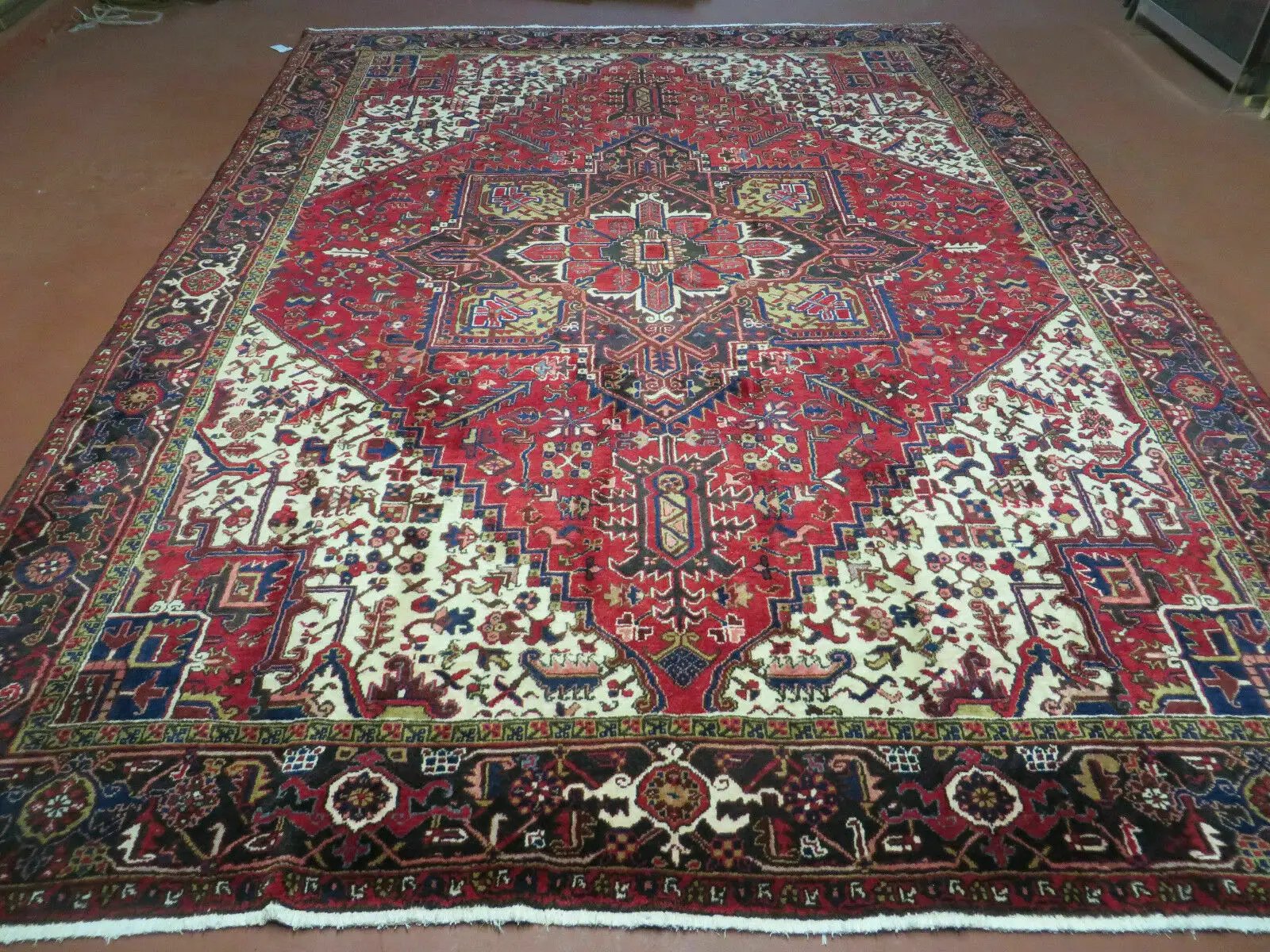 Wonderful Persian Heriz Rug 8.6 x 11, Geometric Heriz Carpet, Semi Antique Decorative Area Rug, Red Ivory Dark Blue Handmade Wool Room Sized by Jewel Rugs