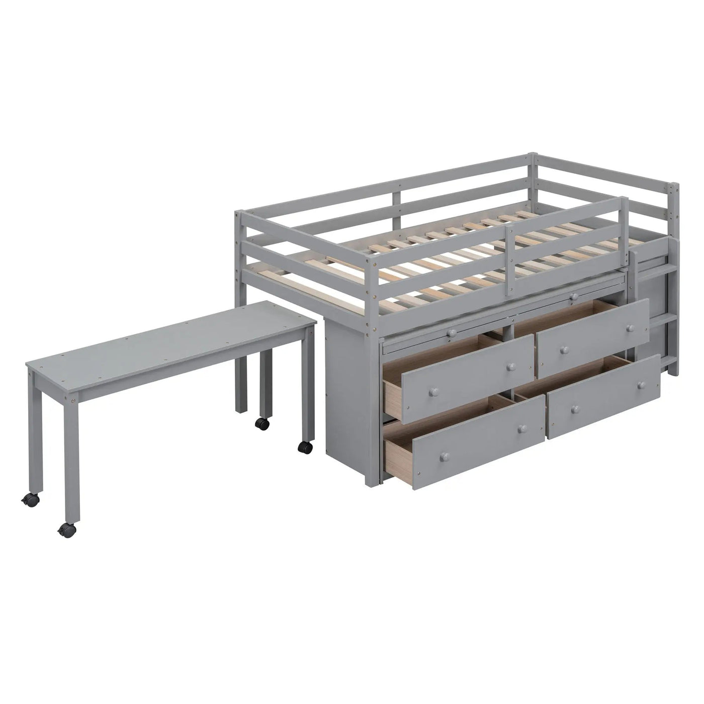 Loft Bed With Retractable Writing Desk And 4 Drawers, With Lateral Portable Desk And Shelves by Unique Piece Furniture