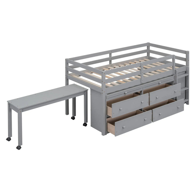 Loft Bed With Retractable Writing Desk And 4 Drawers, With Lateral Portable Desk And Shelves by Unique Piece Furniture