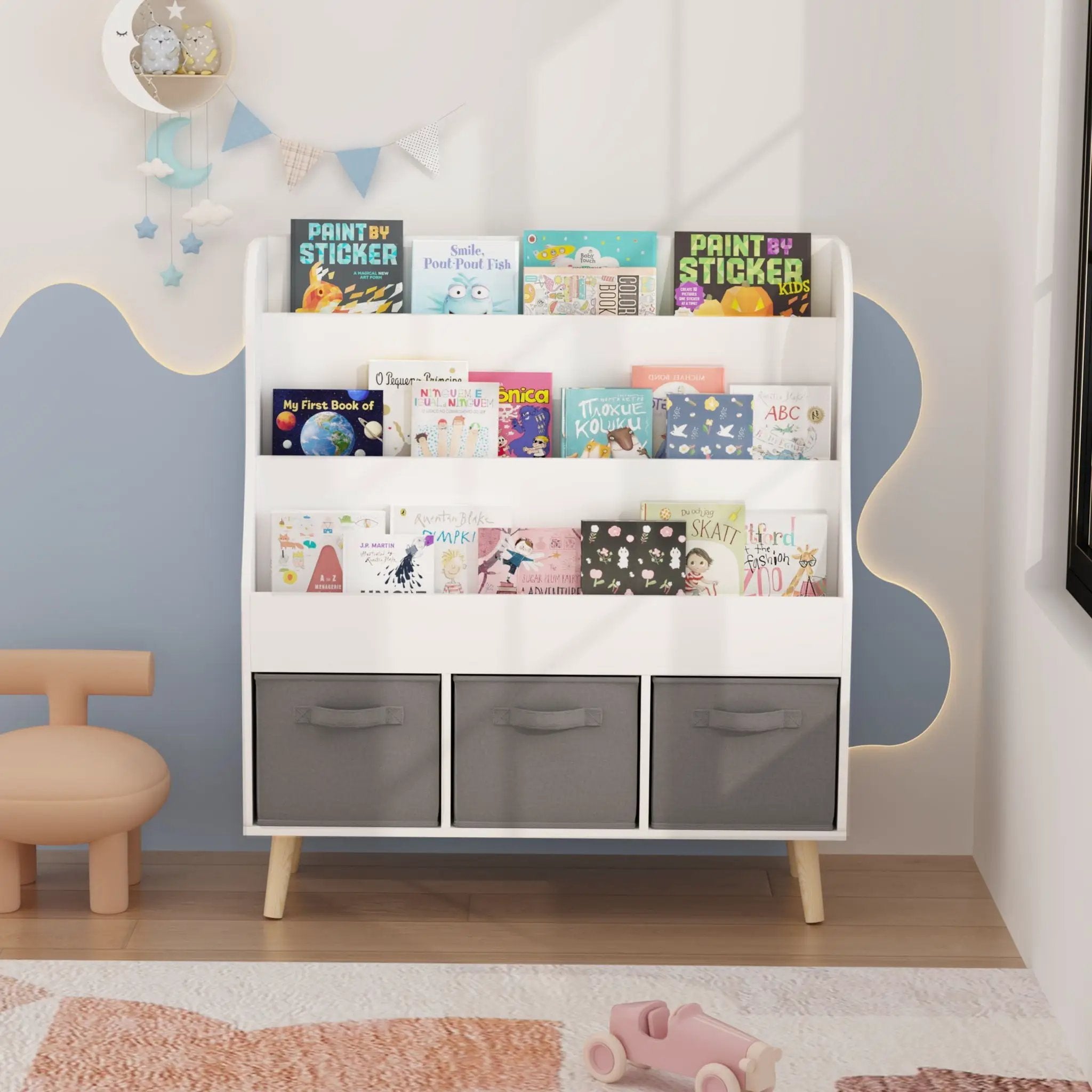 Bookshelf With 3 Storage Bins, Book Display Organizer, Front Facing Book Rack - White by HouseOfZazla