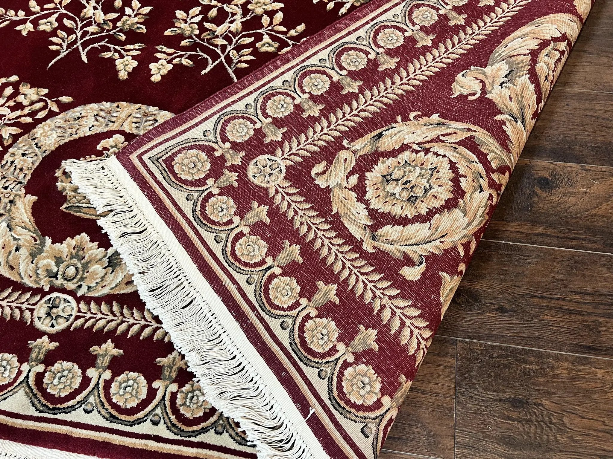 Aubusson Rug 9x12, Wool Handmade Carpet, Elegant French European Design, Dark Maroon Red, 9 x 12 Room Sized Rug, Finely Hand Knotted by Jewel Rugs